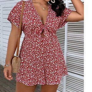 SHEIN VCAY Plus Floral Tie Front Plunging Neck Knot Front Romper